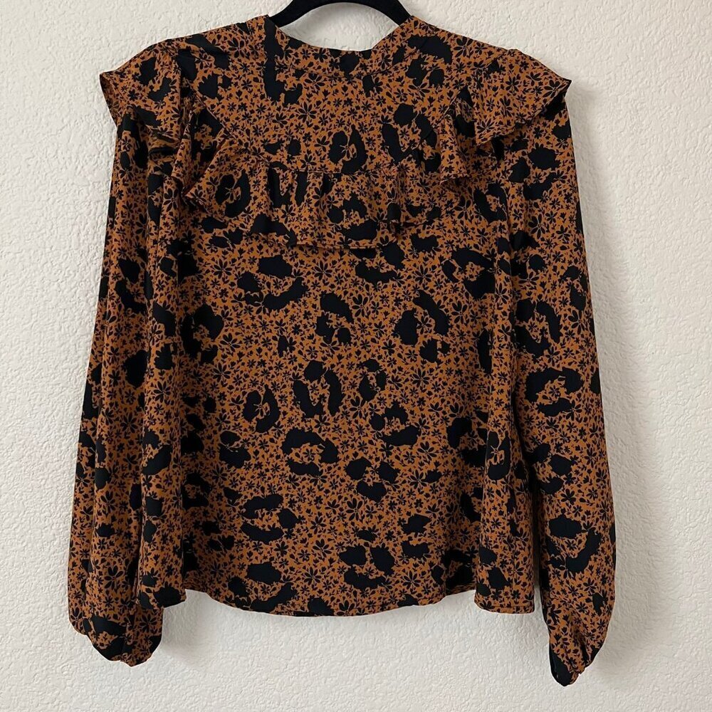 Topshop Size 8 Brown Floral Cheetah Balloon Sleeve Keyhole Back Peasant Top